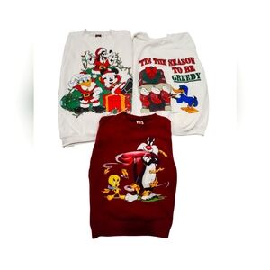 Vtg 90's Disney Looney Tunes Crewneck Christmas Fall Sweatshirts Lot of 3 XL M